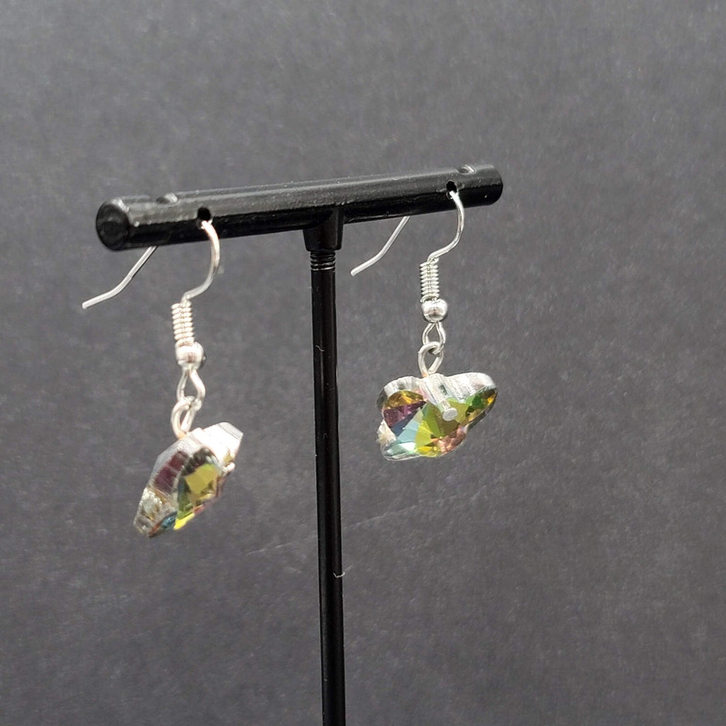 Pierced Earrings Silver tone Rainbow Heliotrope Butterfly Dangle Bead 1/2"