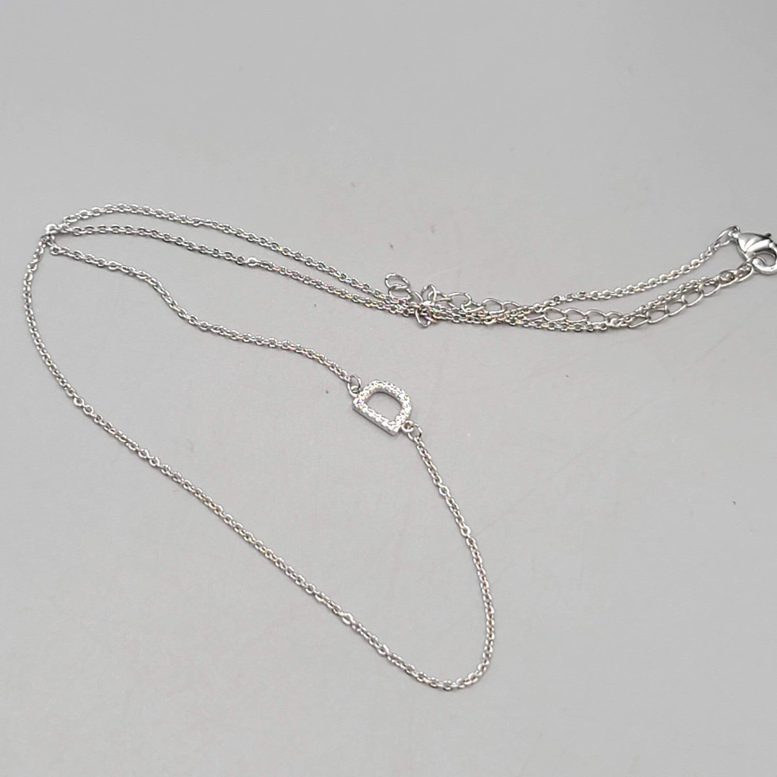 Initial D Necklace Crystal Silver tone Dainty Minimalist 16"-18"
