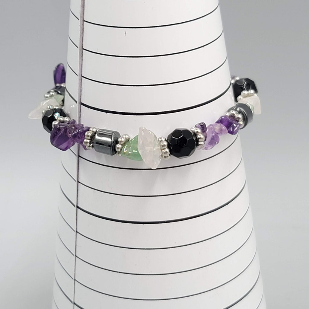 Amethyst Multi Gemstone Elastic Bracelet Purple Black Silver tone