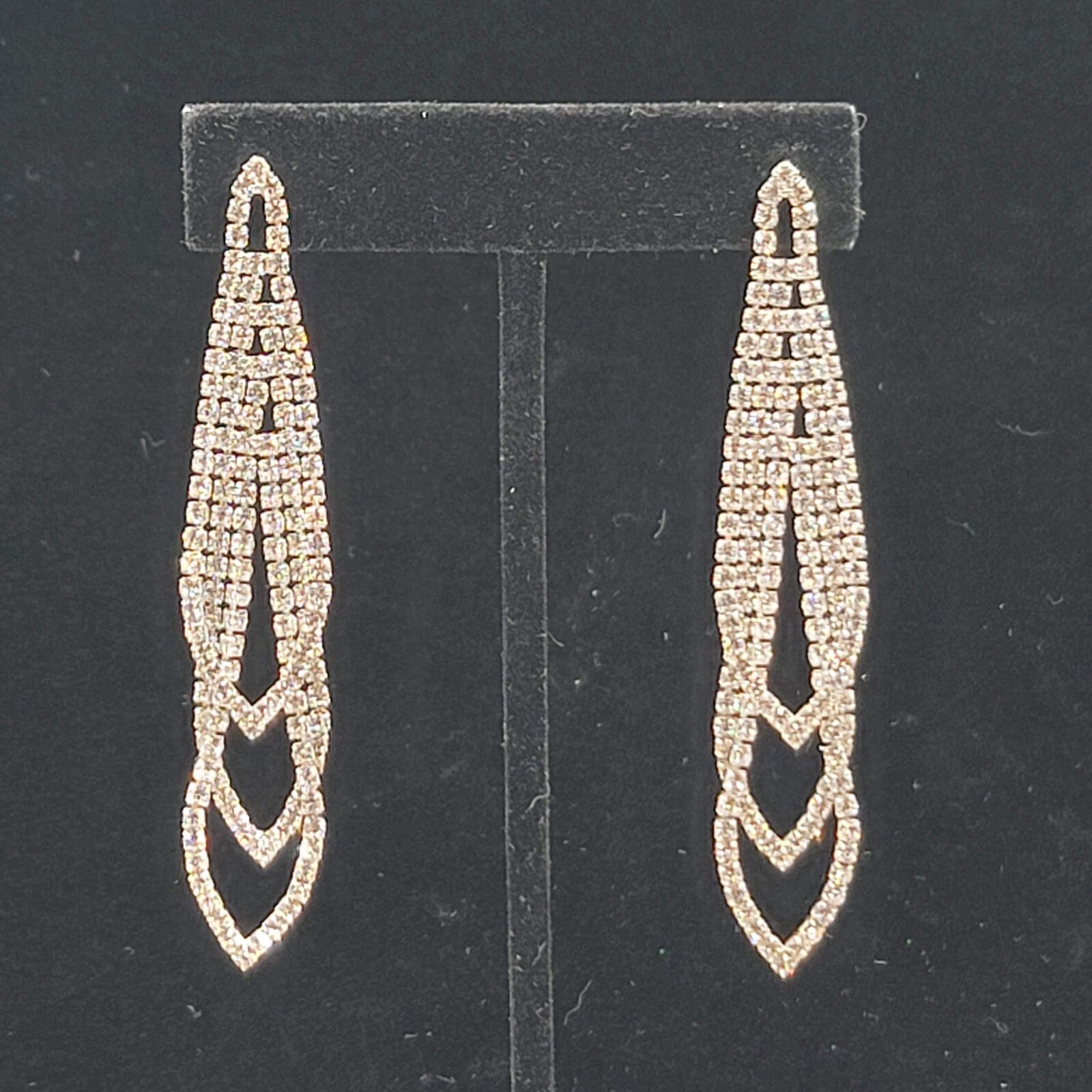 Silver tone Rhinestone Pierced Earrings Long Loop Statement 2.75"