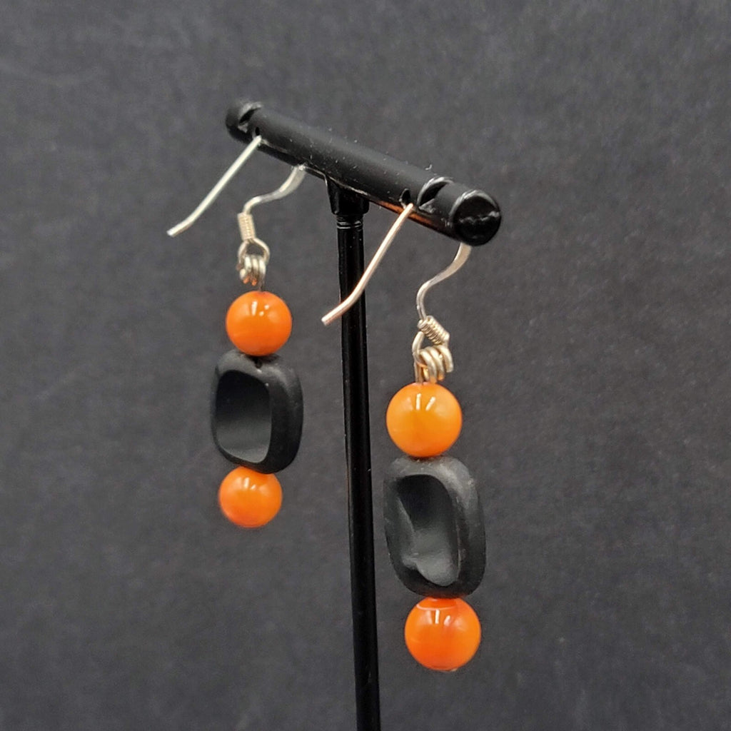 Halloween Pierced Earrings Black Orange Glass Bead Dangle 1.25"