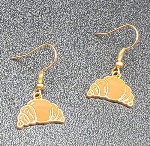 Croissant Bread Pierced Earrings Gold tone Dangle New 1/2"