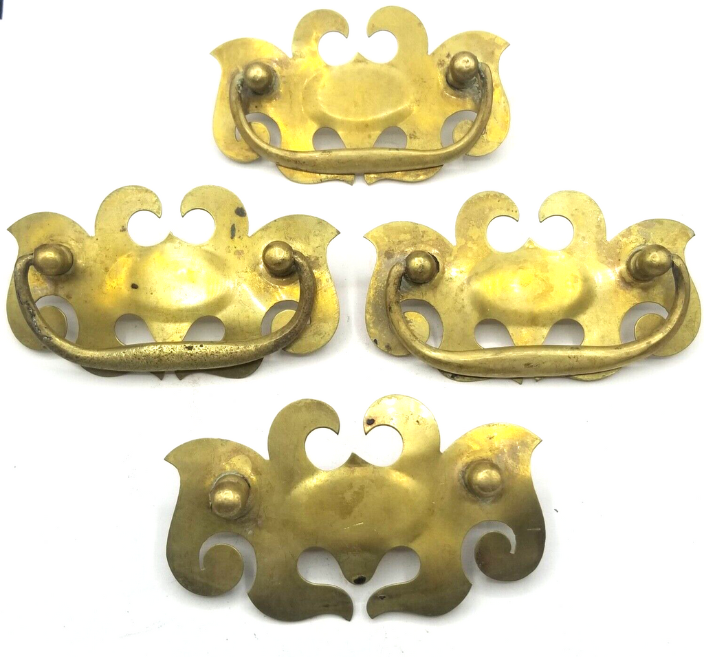 Lot of 4 Vtg Gold Metal Batwing Chippendale Style Drop Bail Drawer Pulls