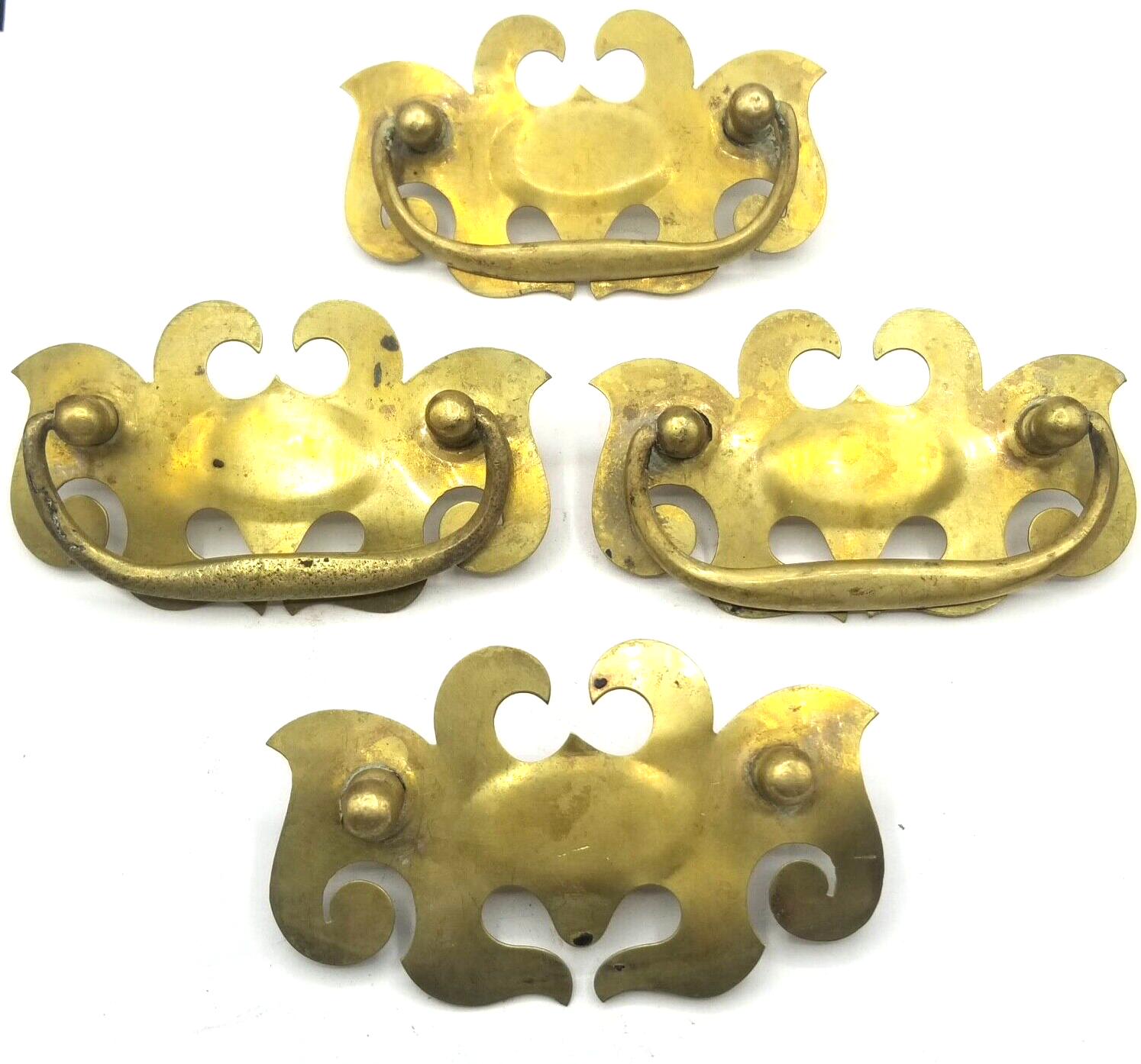 Lot of 4 Vtg Gold Metal Batwing Chippendale Style Drop Bail Drawer Pulls