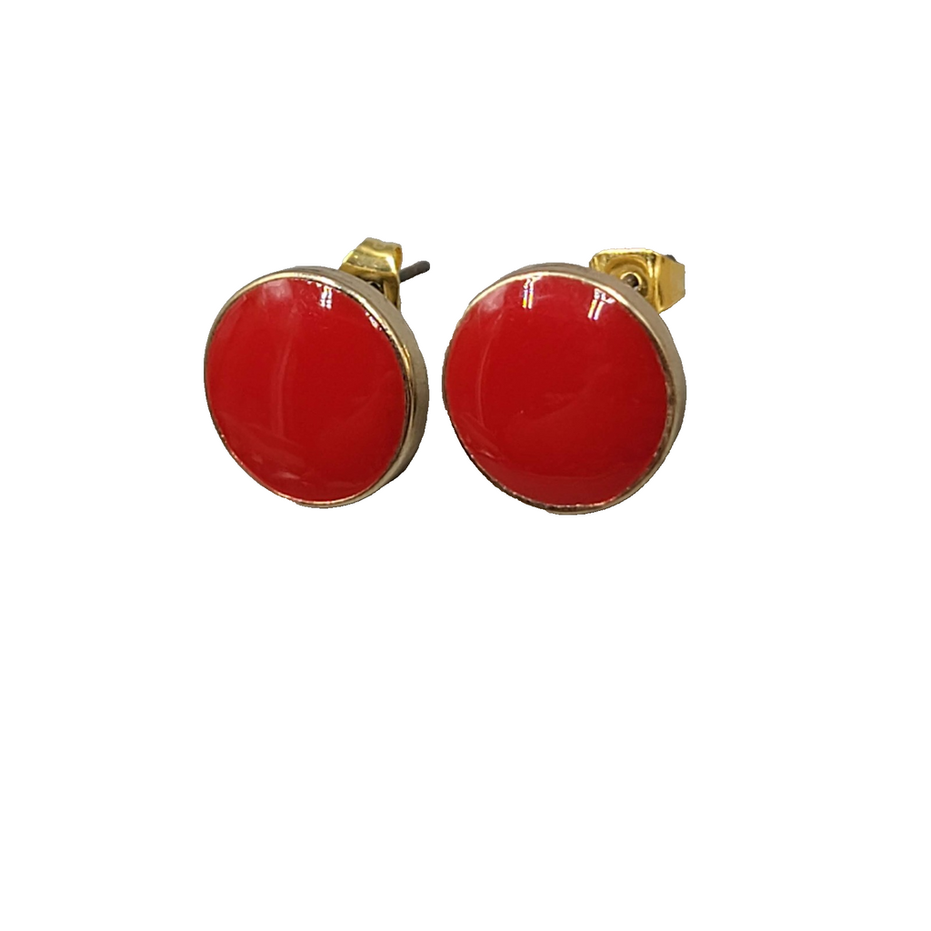 Red Enamel Stud Pierced Earrings Gold Tone Round Ladies Classic Retro Style 1/2"