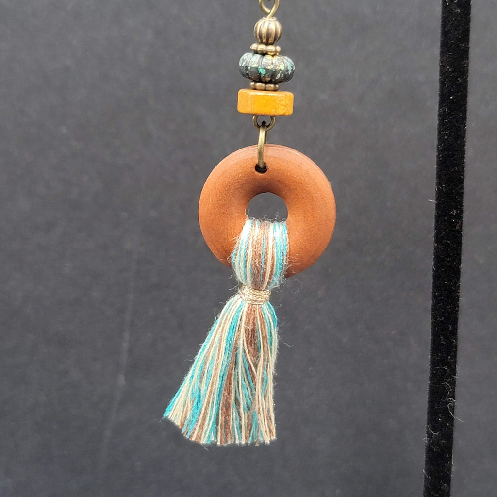New Boho Pierced Earrings Wood Ring Blue White Tassel Beaded Dangle 2.75"