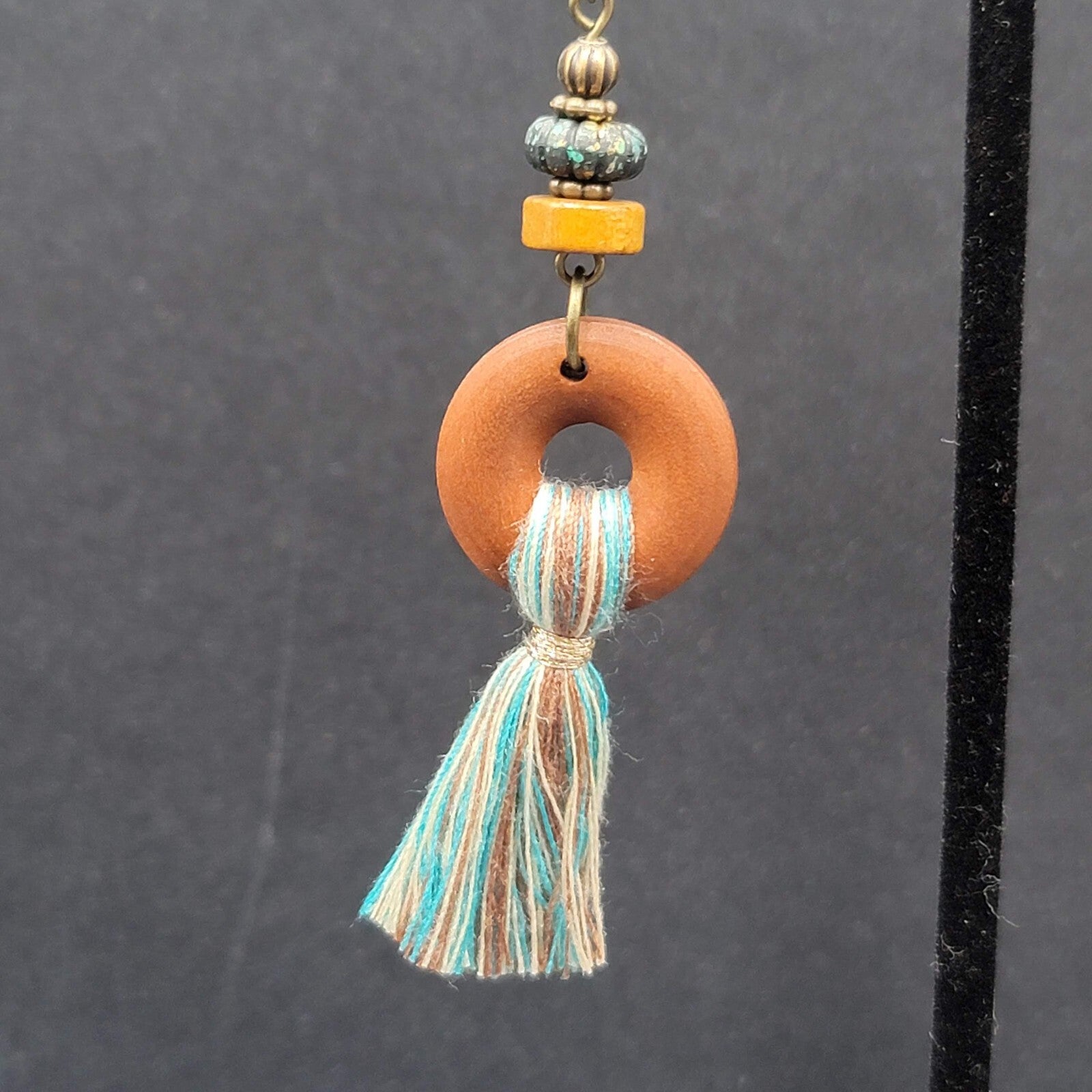 New Boho Pierced Earrings Wood Ring Blue White Tassel Beaded Dangle 2.75"