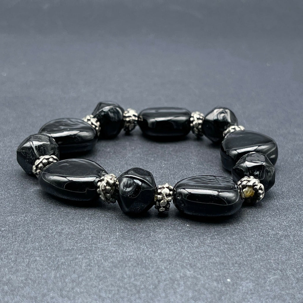 Black Glass and Silver tone Bead Beaded Stretch Elastic Bracelet