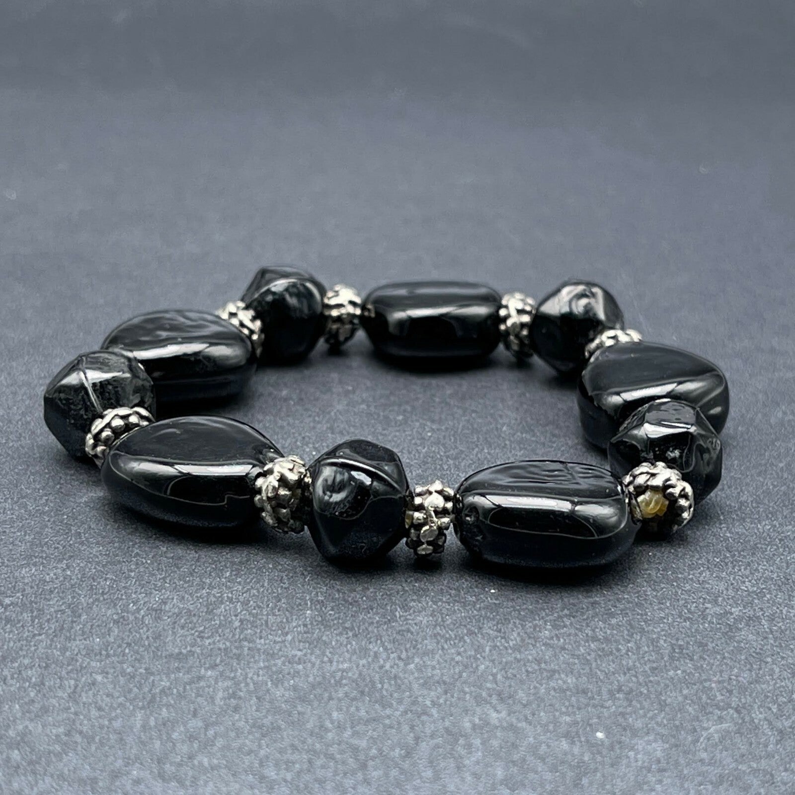 Black Glass and Silver tone Bead Beaded Stretch Elastic Bracelet