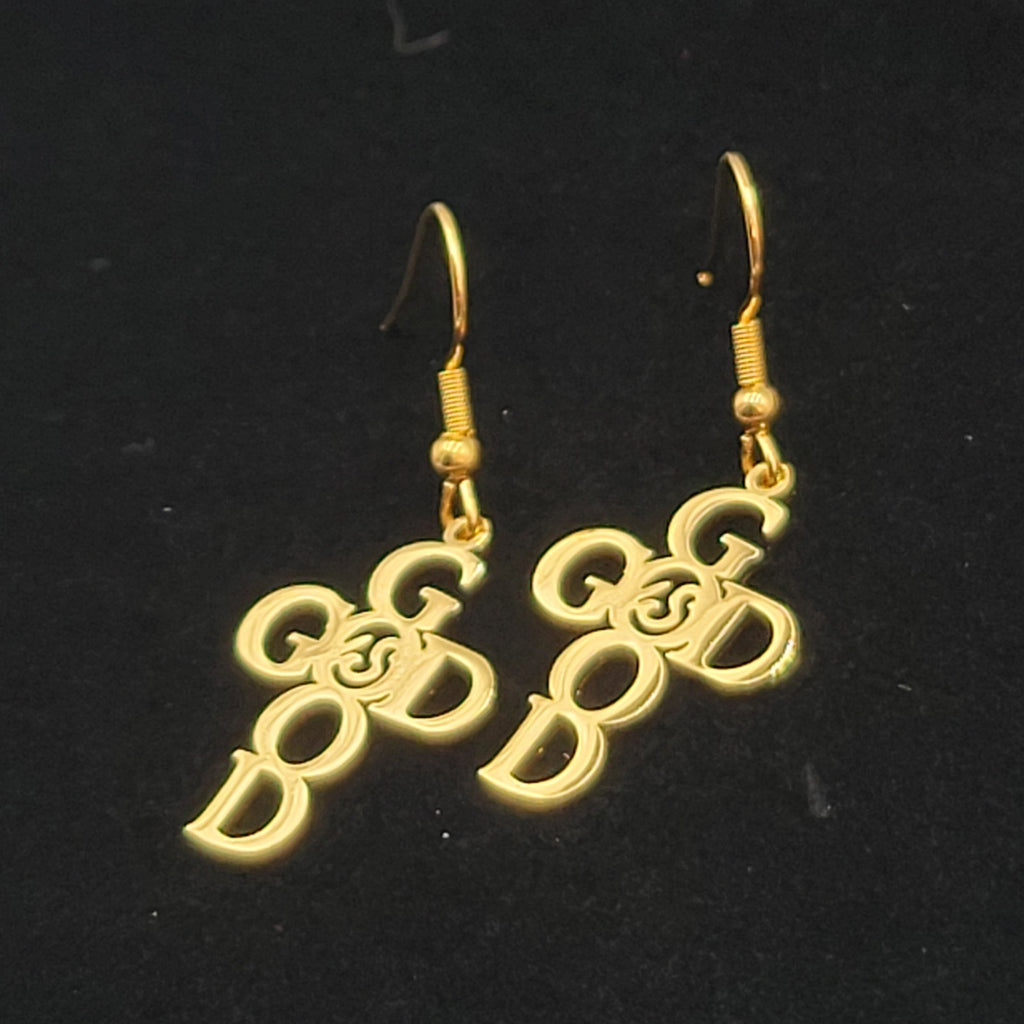 God is Good Cross Pierced Earrings Gold tone Dangle 1"