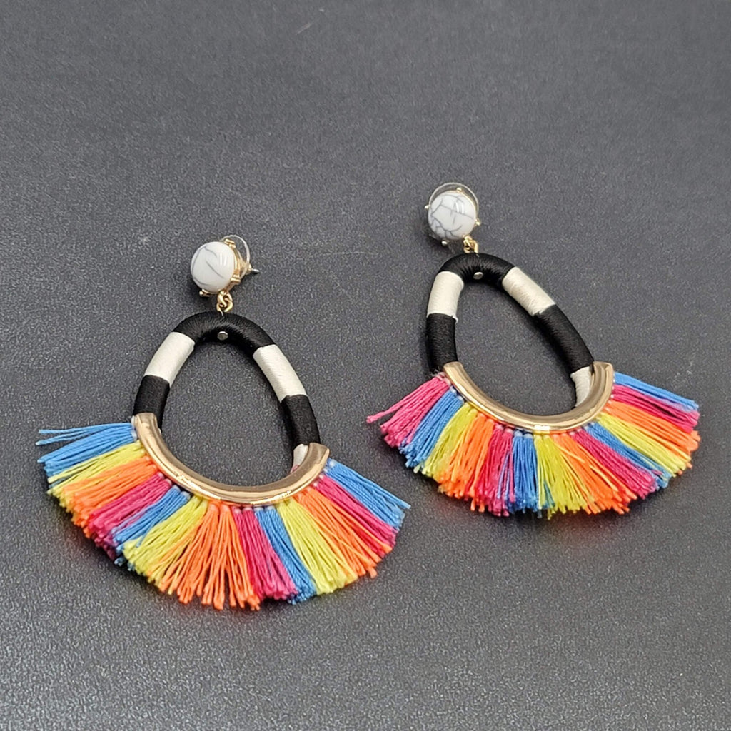 SugarFix Pierced Earrings Rainbow Black White Tassel Dangle Hoops 3"