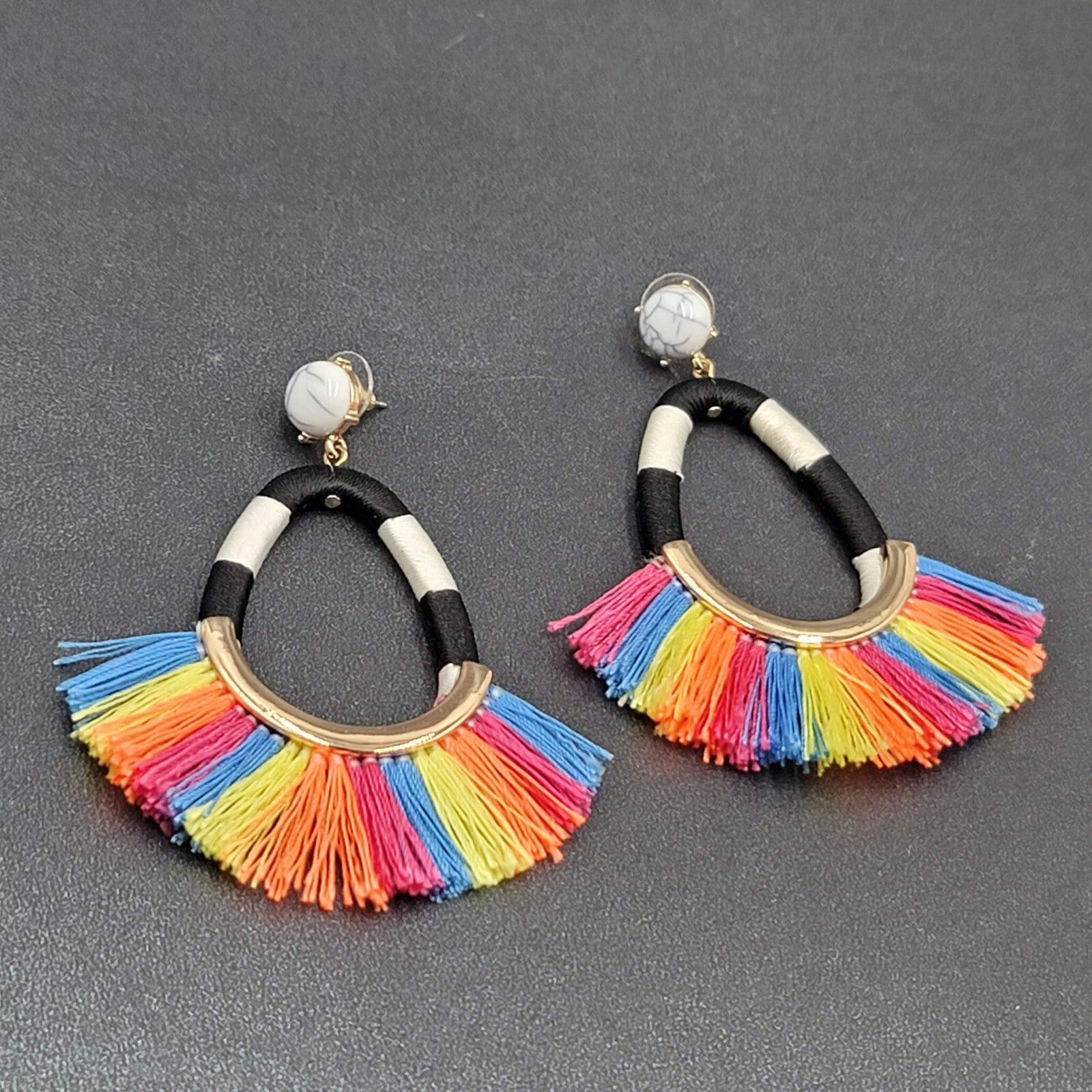SugarFix Pierced Earrings Rainbow Black White Tassel Dangle Hoops 3"