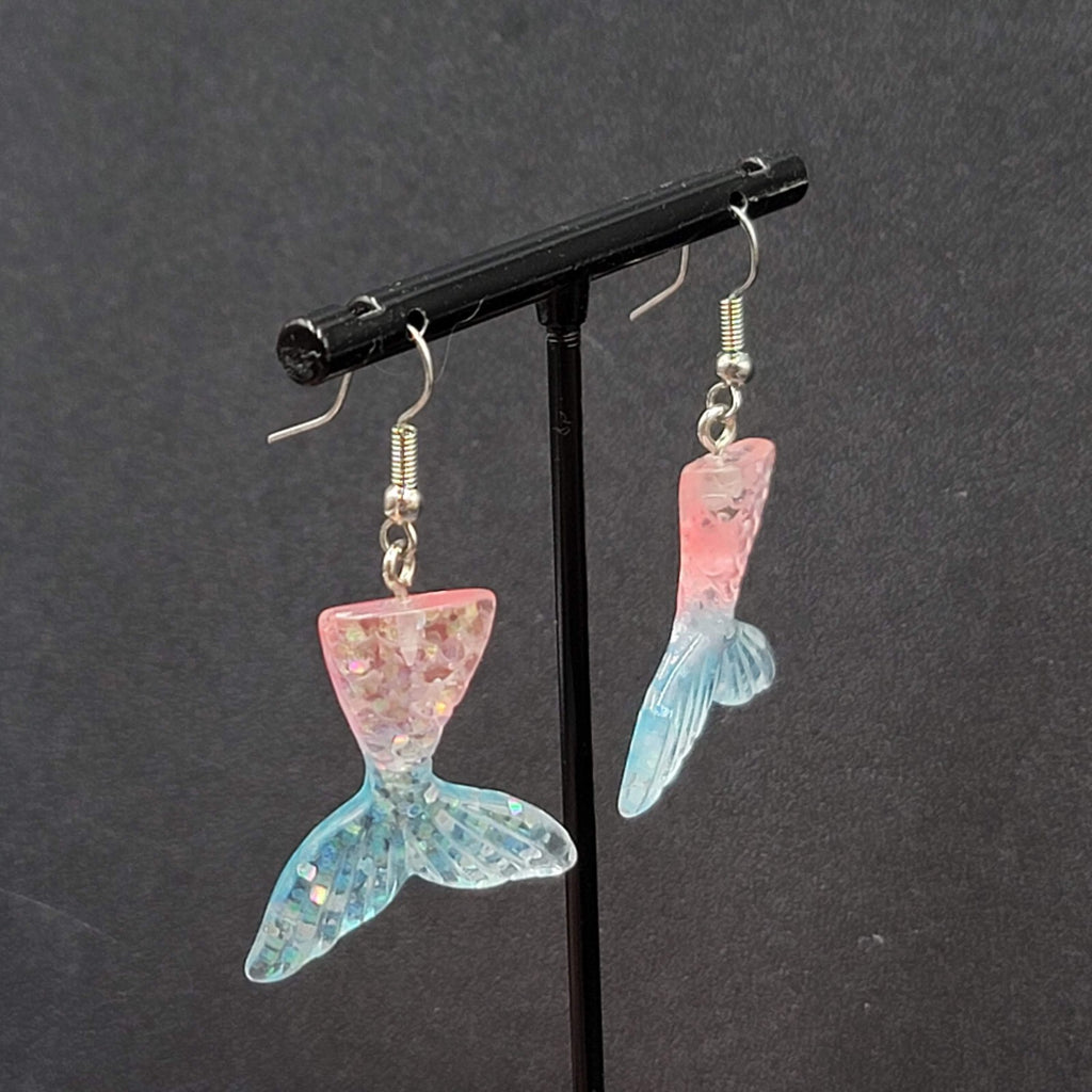 Mermaid Tail Pierced Earrings Pink Blue Glitter Resin Dangle 1.25"