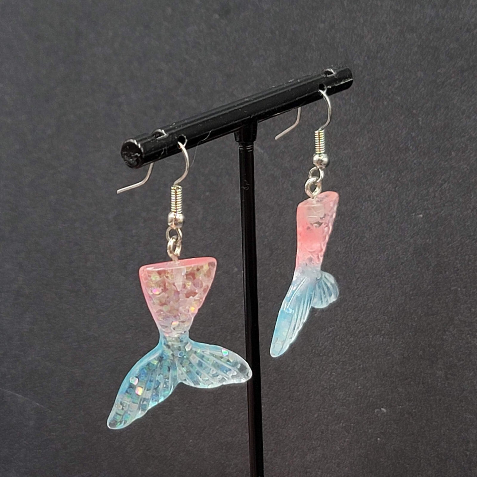 Mermaid Tail Pierced Earrings Pink Blue Glitter Resin Dangle 1.25"