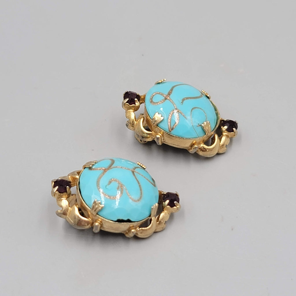 Vintage Blue Art Glass Clip on Earrings Gold tone Black Rhinestone 1.25 in