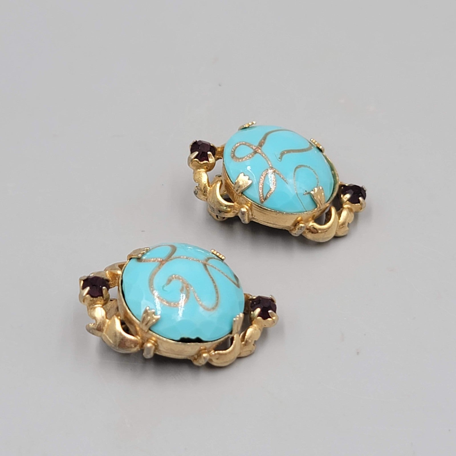 Vintage Blue Art Glass Clip on Earrings Gold tone Black Rhinestone 1.25 in