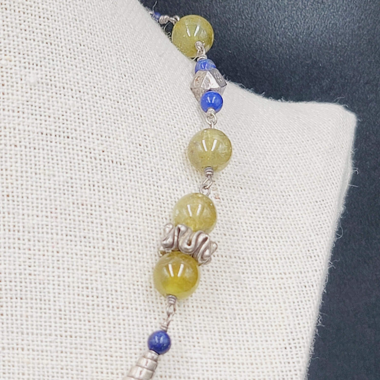Sterling Silver Necklace Green Glass Blue Lapis Beads 18"-20"