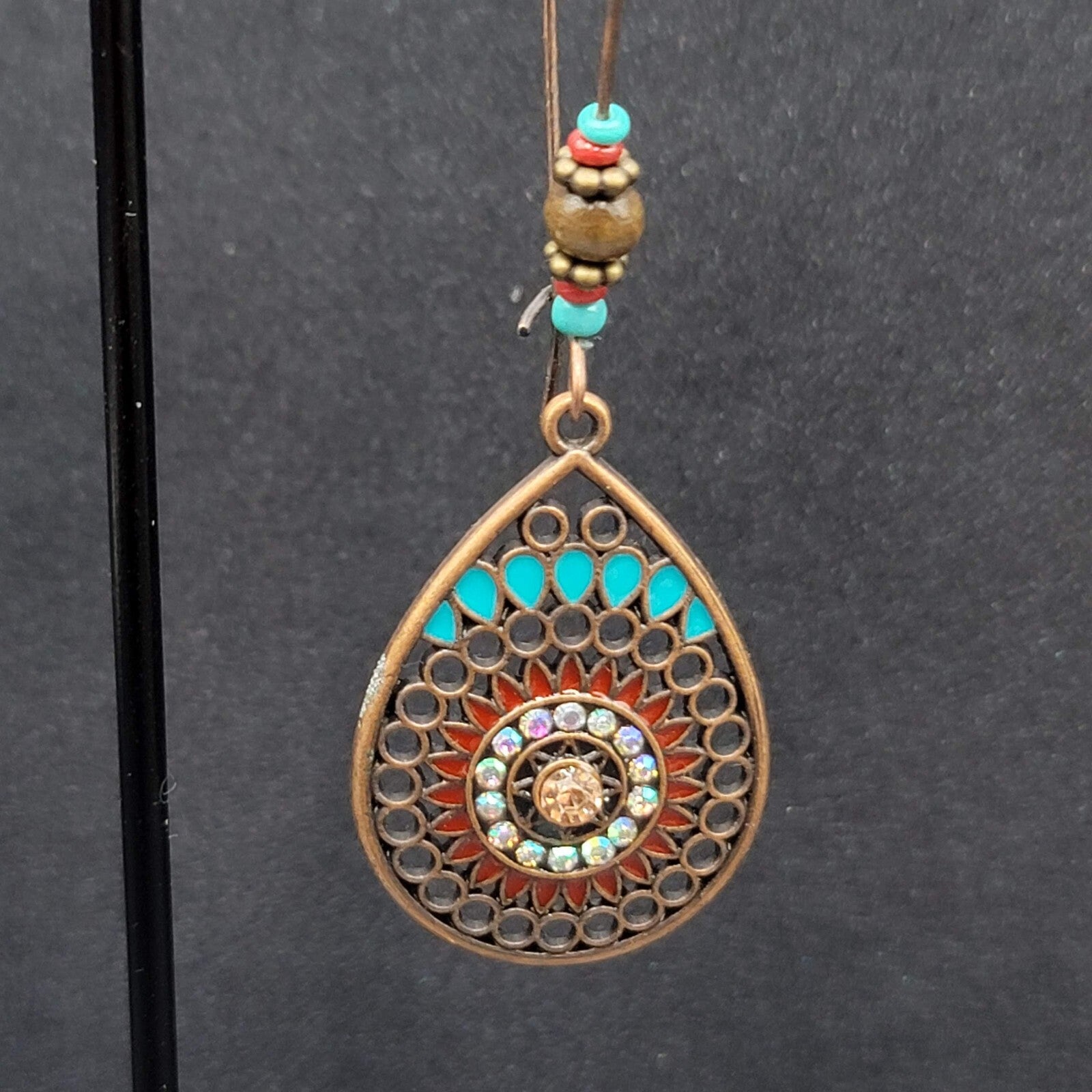New Boho Pierced Earrings Copper tone AB Crystal Beaded 2 5/8"