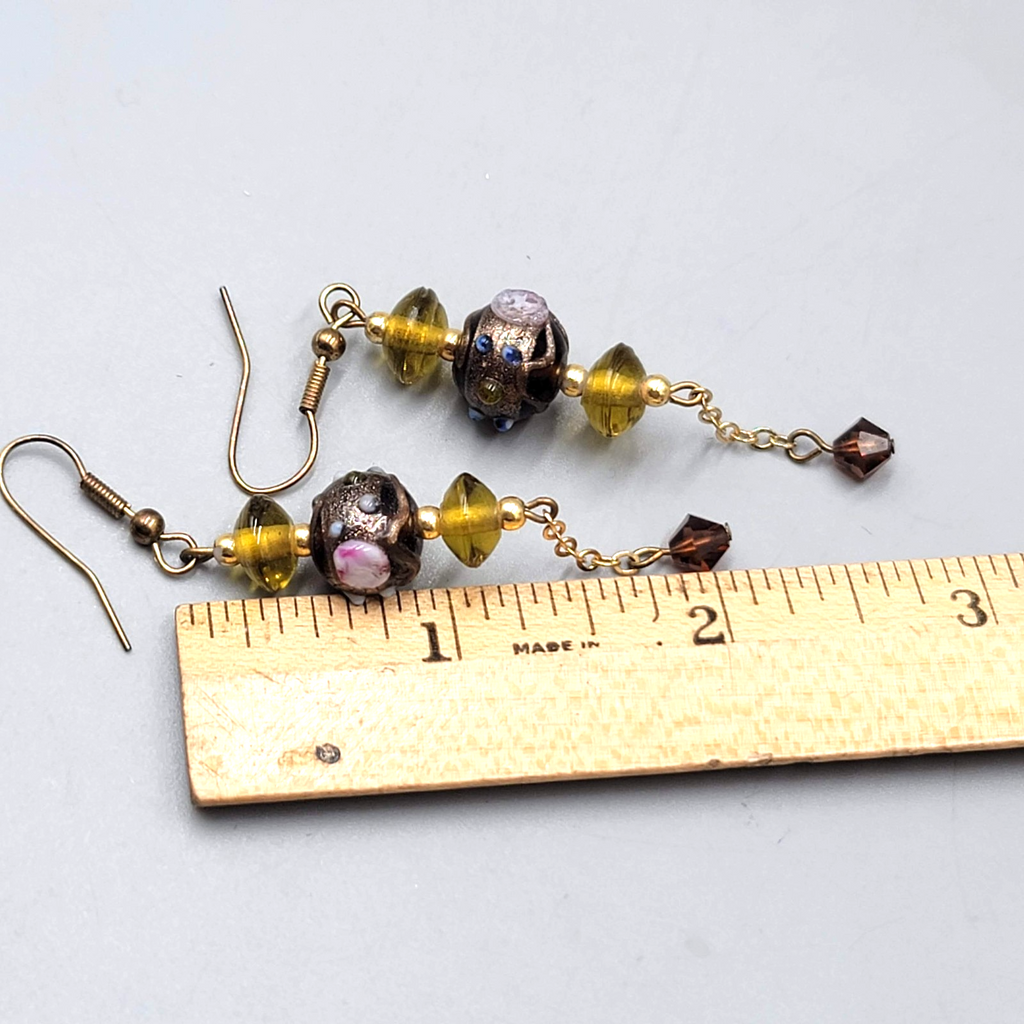 Vintage Art Glass Pierced Earrings Gold tone Dangle Boho Beaded 2.5"
