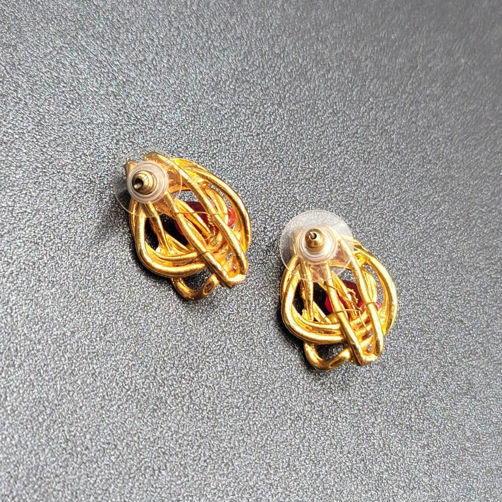 Pierced Earrings Gold Plated Pink Yellow Beaded Artistic Drop 1"