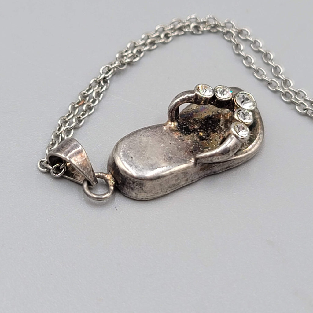 Rhinestone Flip Flop Sandel Necklace Silver tone 16"-18"