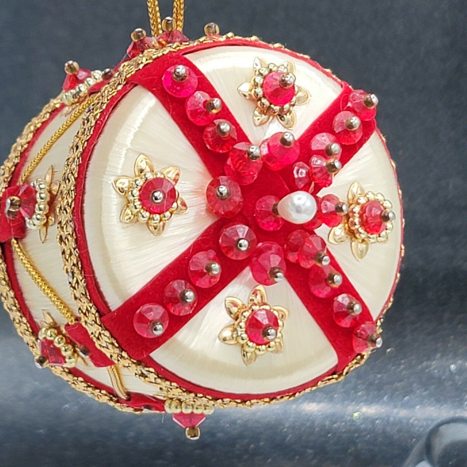 Vintage White Spun Satin Pearl Push Pin Christmas Ornament Velvet Ribbon Bead
