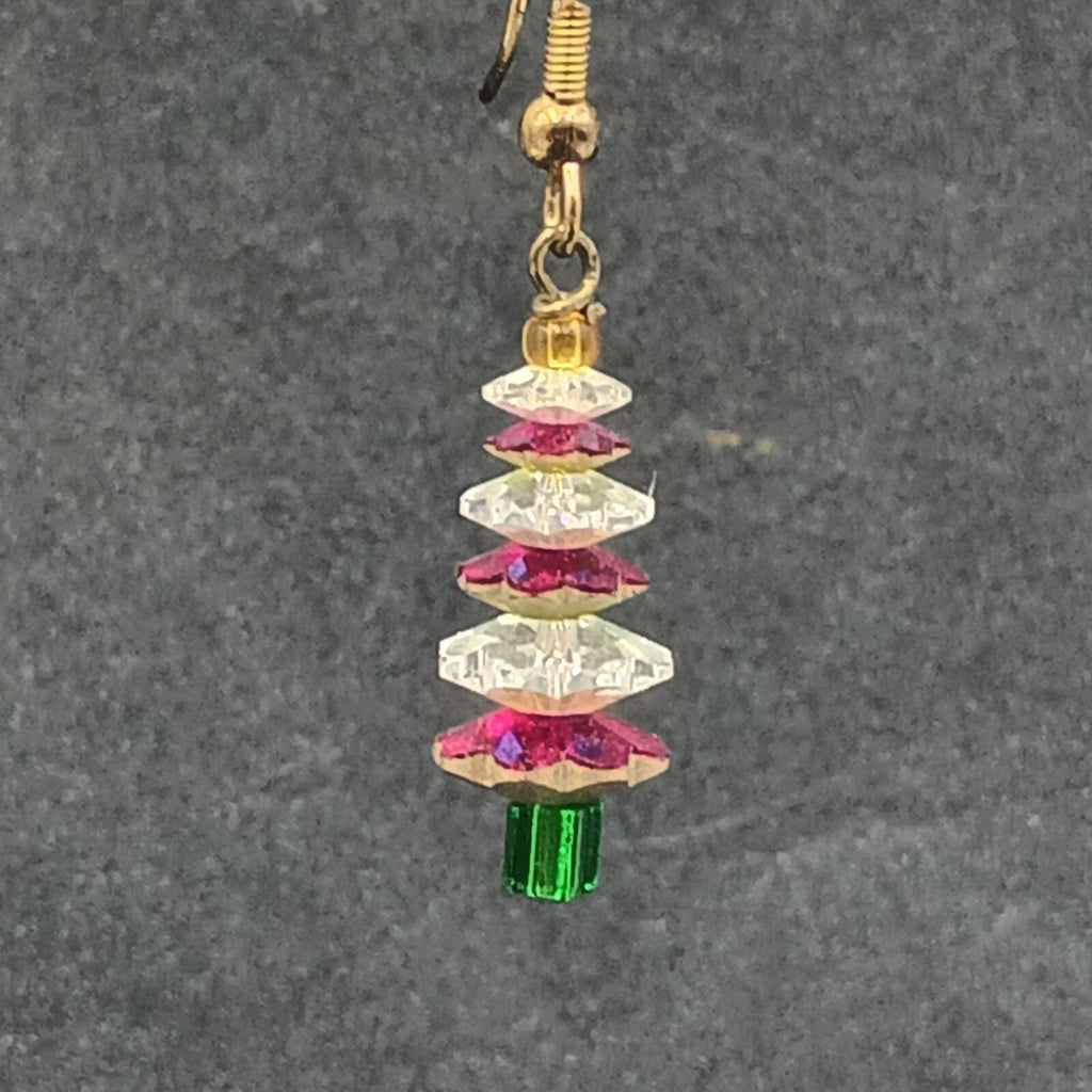 Pierced Earrings Red White Crystal Bead Christmas Tree Statement Dangle 1"