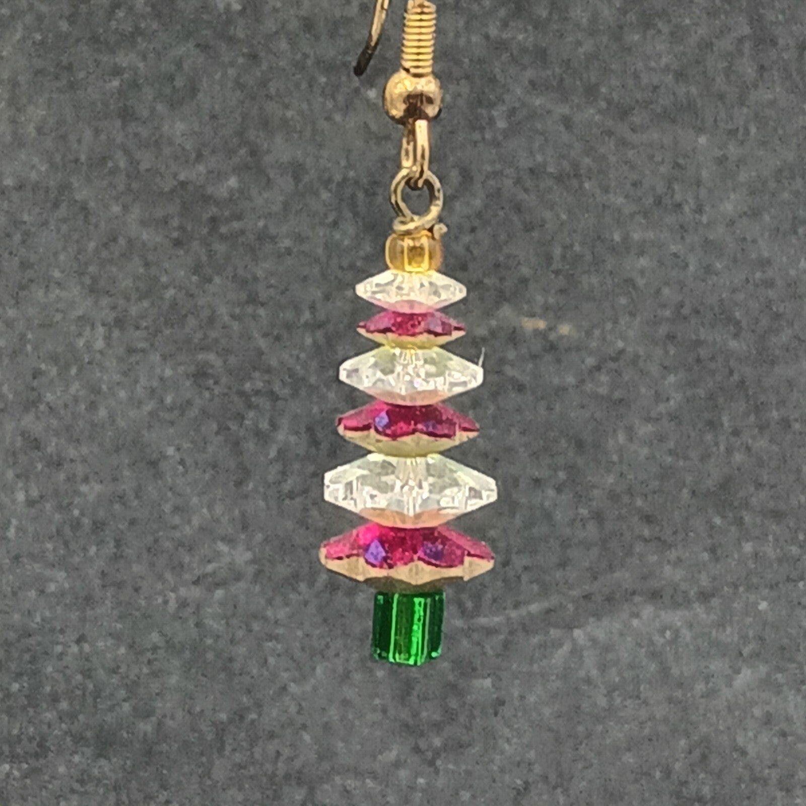 Pierced Earrings Red White Crystal Bead Christmas Tree Statement Dangle 1"