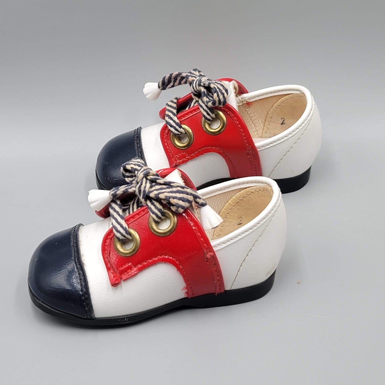 Vintage Baby Toddler Shoes Robinson Crusoe Sz 2 Red White Blue Brass Rivets CUTE