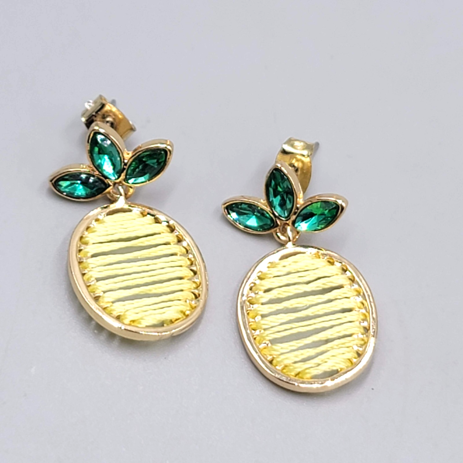 Pineapple Pierced Earrings Gold tone Green Rhinestone Yellow Thread Dangle 1.25"