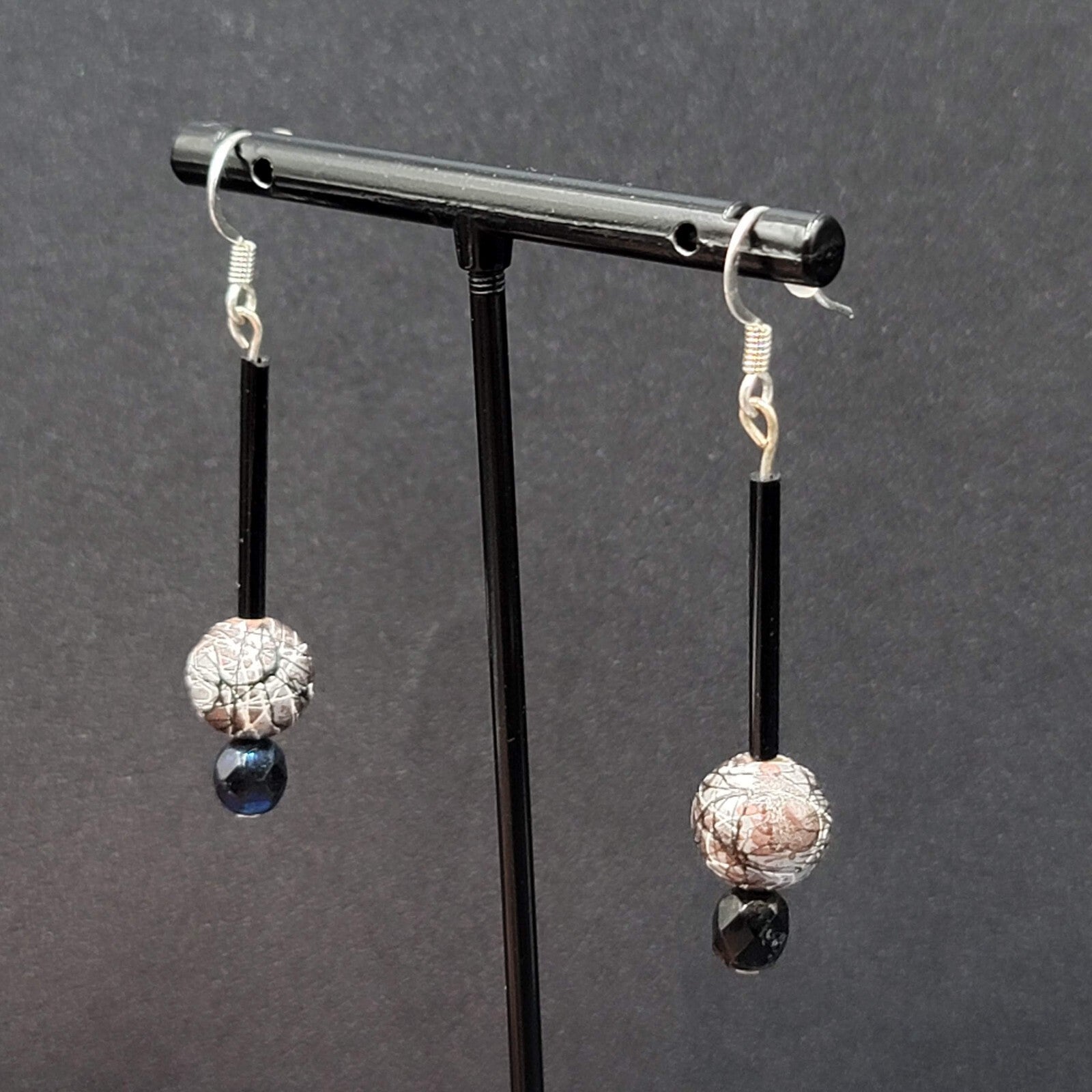 Pierced Earrings Silver tone Black Glass Bead Hand Painted 1.75"