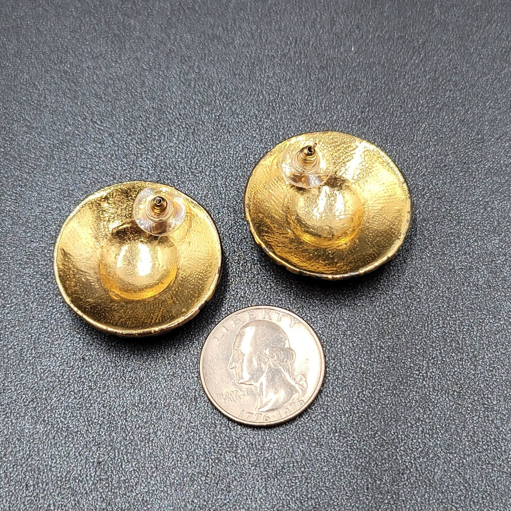 Vintage Pierced Earrings Gold Plated Large Round Enamel 1.25"