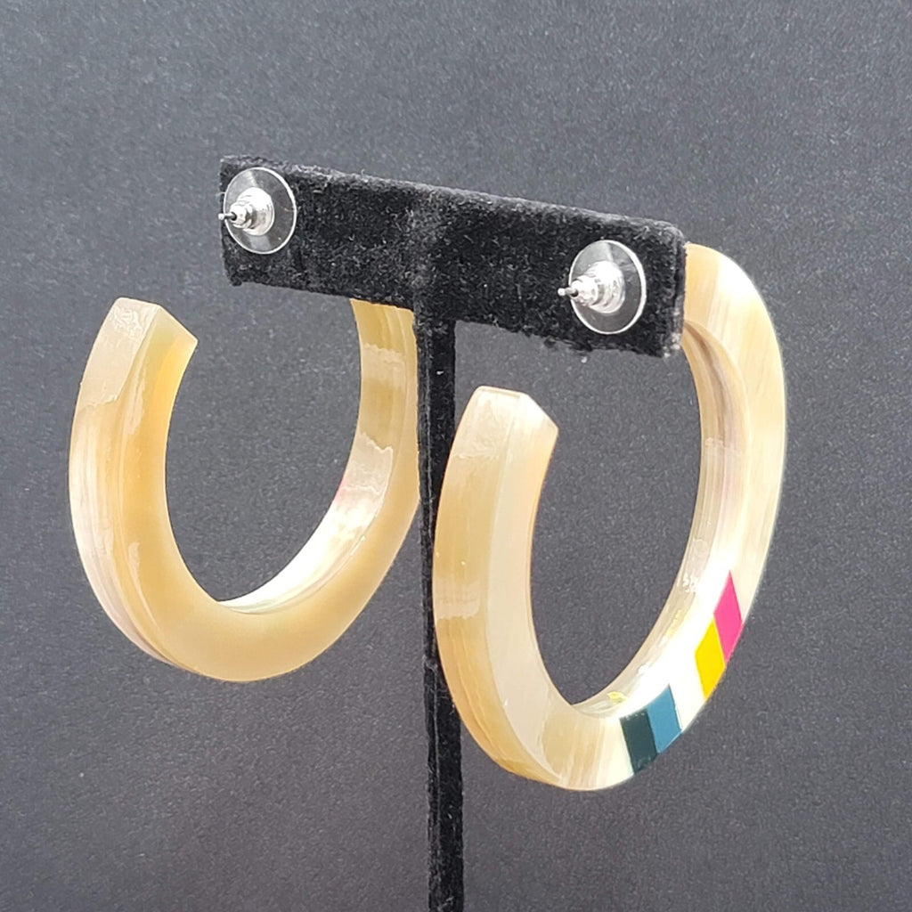 Pierced Earrings Resin Faux Horn Hoops Hand Painted 2 3/8"