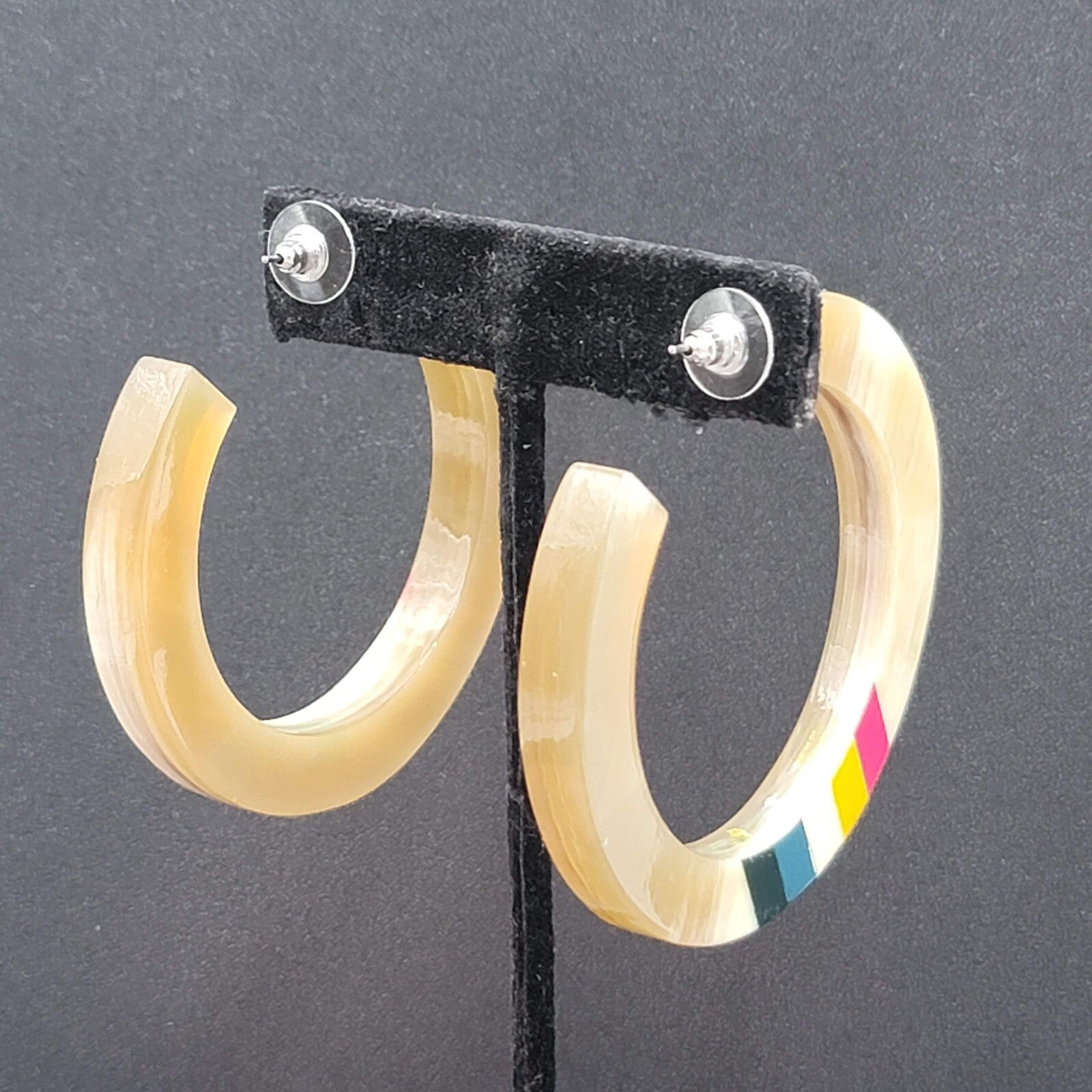 Pierced Earrings Resin Faux Horn Hoops Hand Painted 2 3/8"