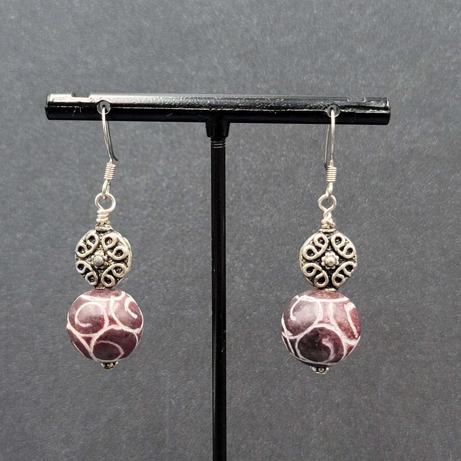 Pierced Earrings Silver tone Hand Carved Purple Stone Bead Dangle  1.25"