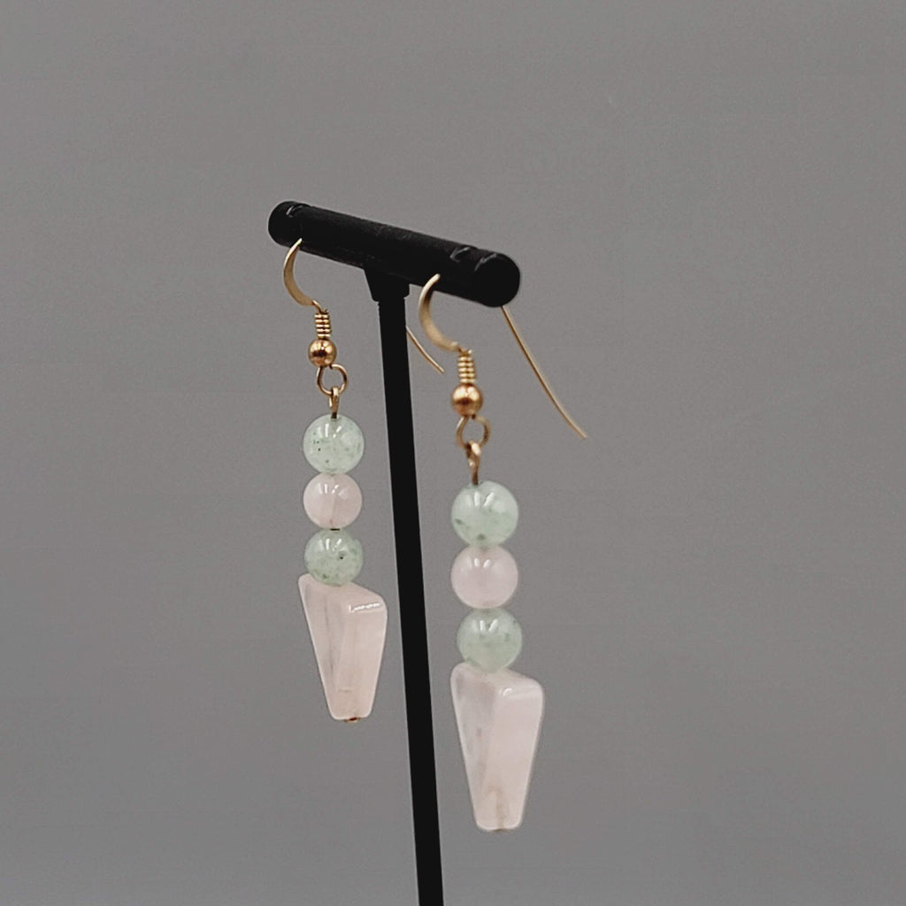 Pink Green Quartz Bead Pierced Earrings Gold tone Dangle 1.5"