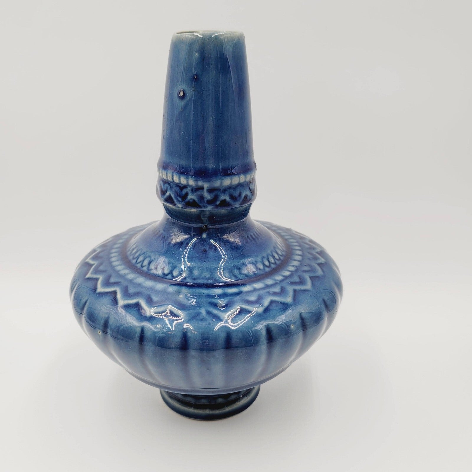 Art Pottery Vase Blue Glazed Geanie Bottle Decorative 8"