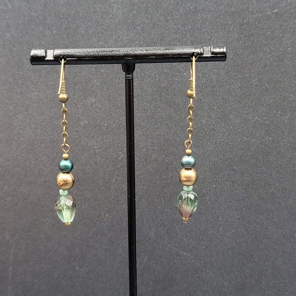 Pierced Earrings Bronze tone Metal Crystal Bead Dangle 1.5"