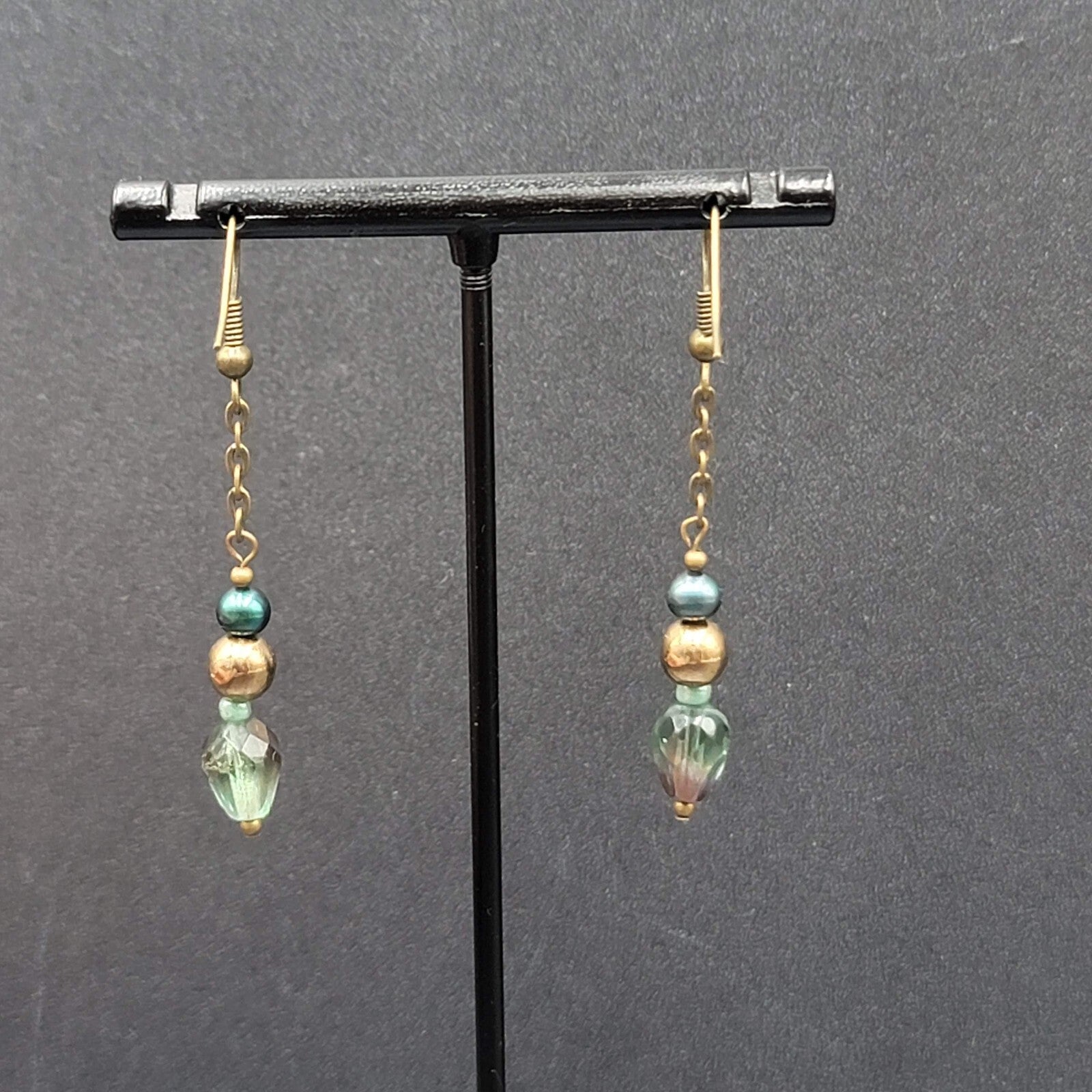 Pierced Earrings Bronze tone Metal Crystal Bead Dangle 1.5"