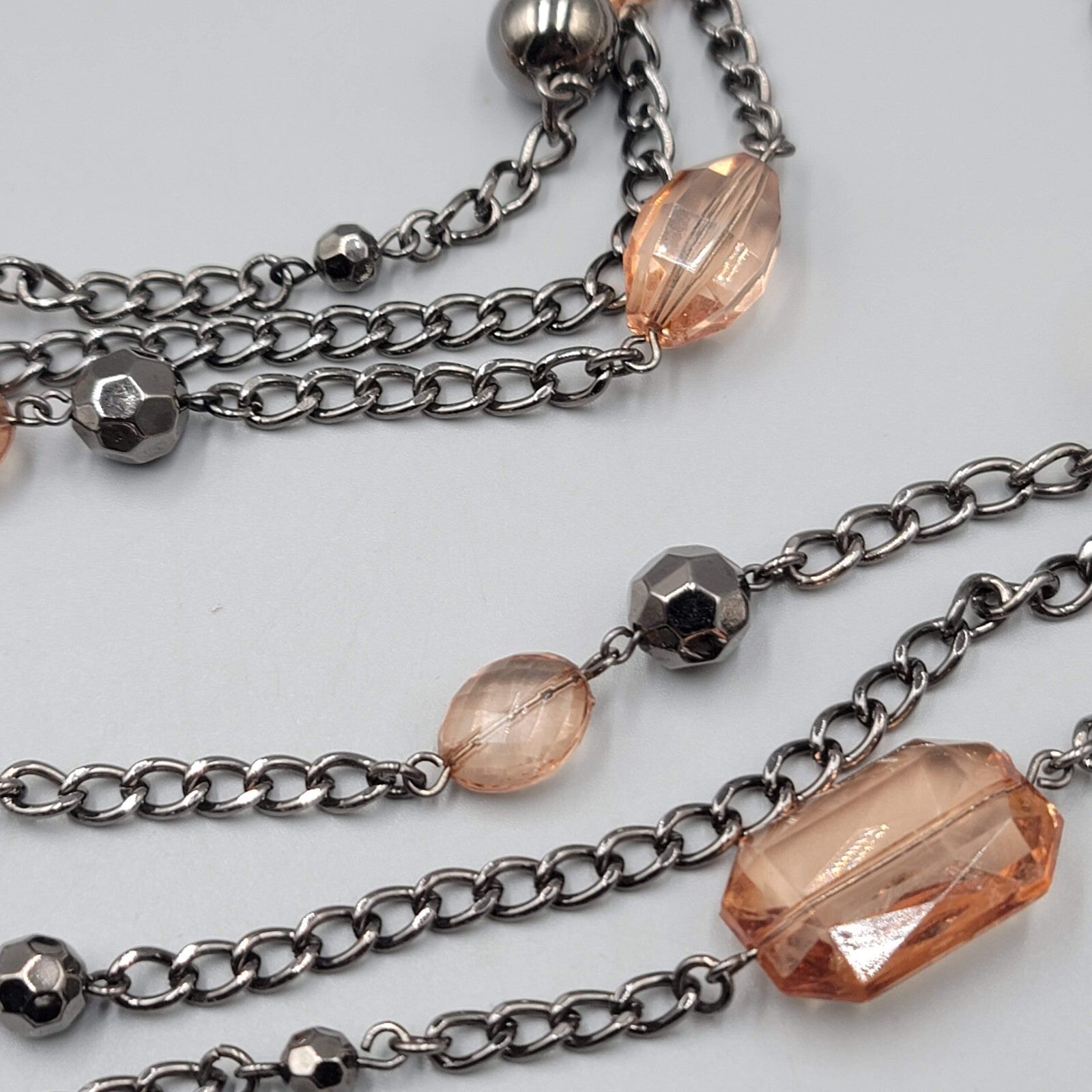 Black Metal Necklace Triple Chain Layered Long Peach Beads 30"