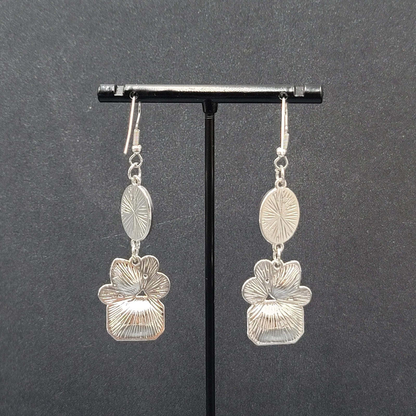 Pierced Earrings Silver Plated Faux Pearl Glass Accents Dangle 1.75"