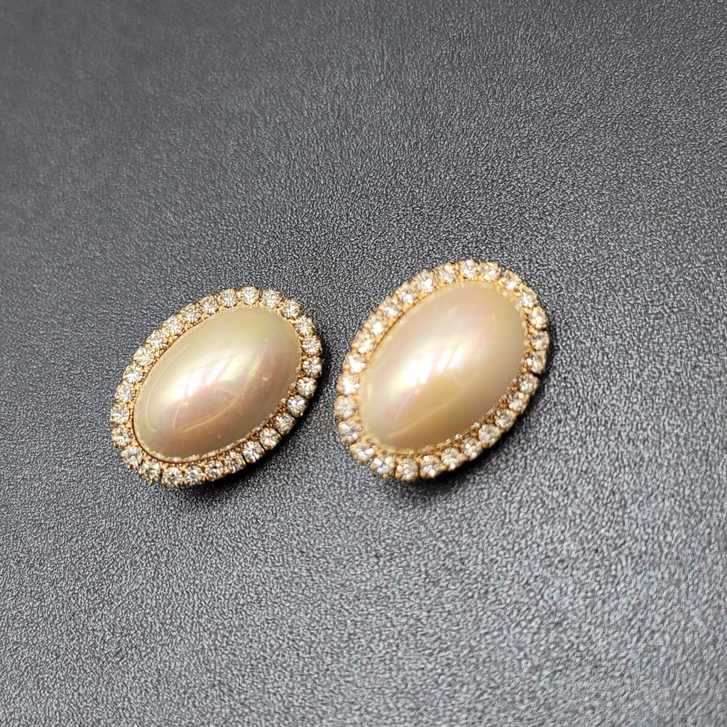 Vintage Clip on Earrings Statement AB Rhinestones Pearl White Cabochon 1 1/8"