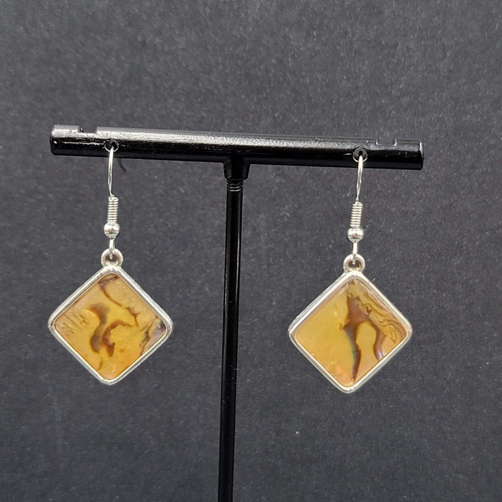 Pierced Earrings Silver tone Yellow Faux Abalone Square Dangle 7/8"