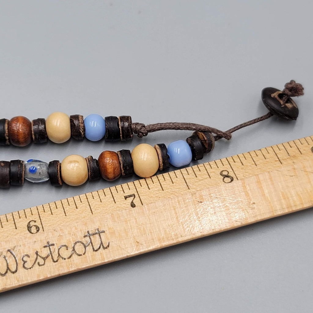 Artisan Beaded Necklace Wood Coconut Art Glass Blue Brown Beige Button Close 17"
