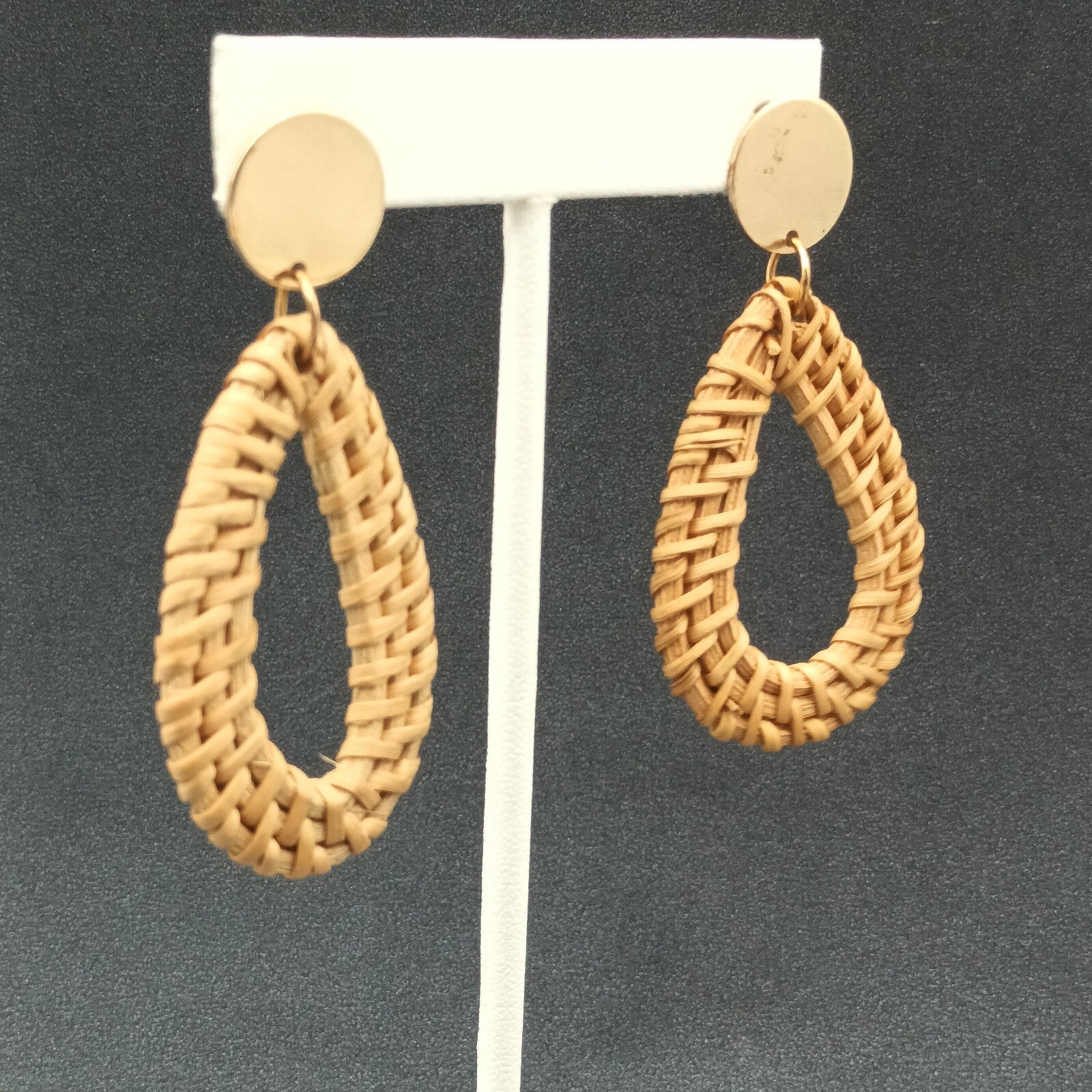 Pierced Earrings Gold tone Rattan Teardrop Statement Dangle 2 1/2"