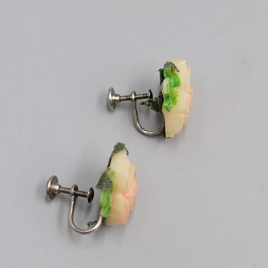 Vintage Acrylic Rose Clip on Earrings Screw Back 3/4"