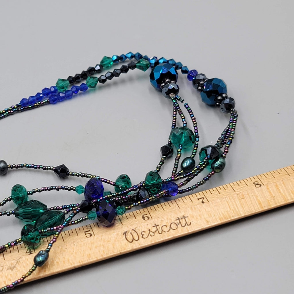 Signed Beaded Necklace Long 30 in Black Purple Green Triple Layer