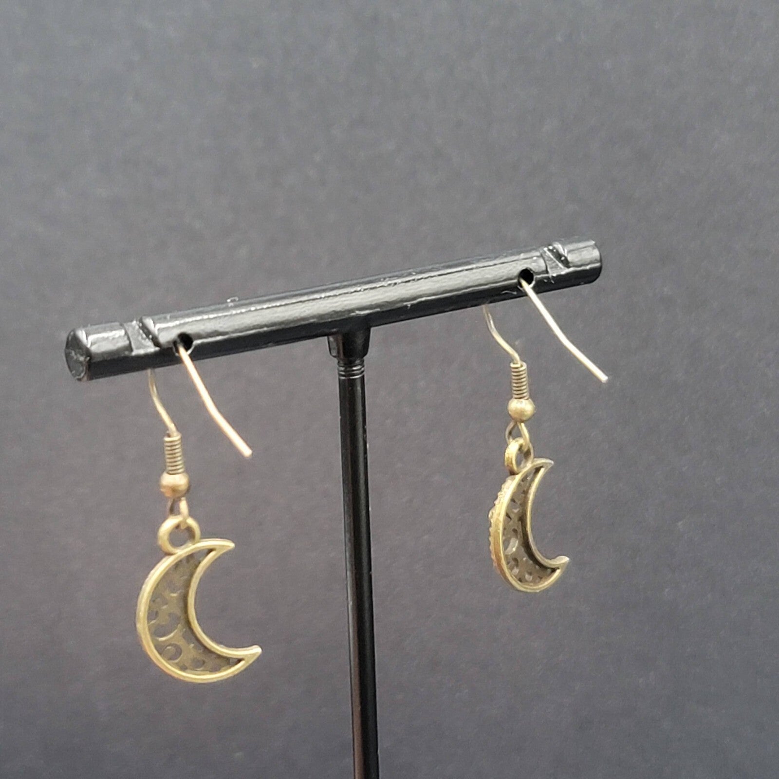 New MOON Pierced Earrings Bronze tone Open Work Metal Dangle 5/8"