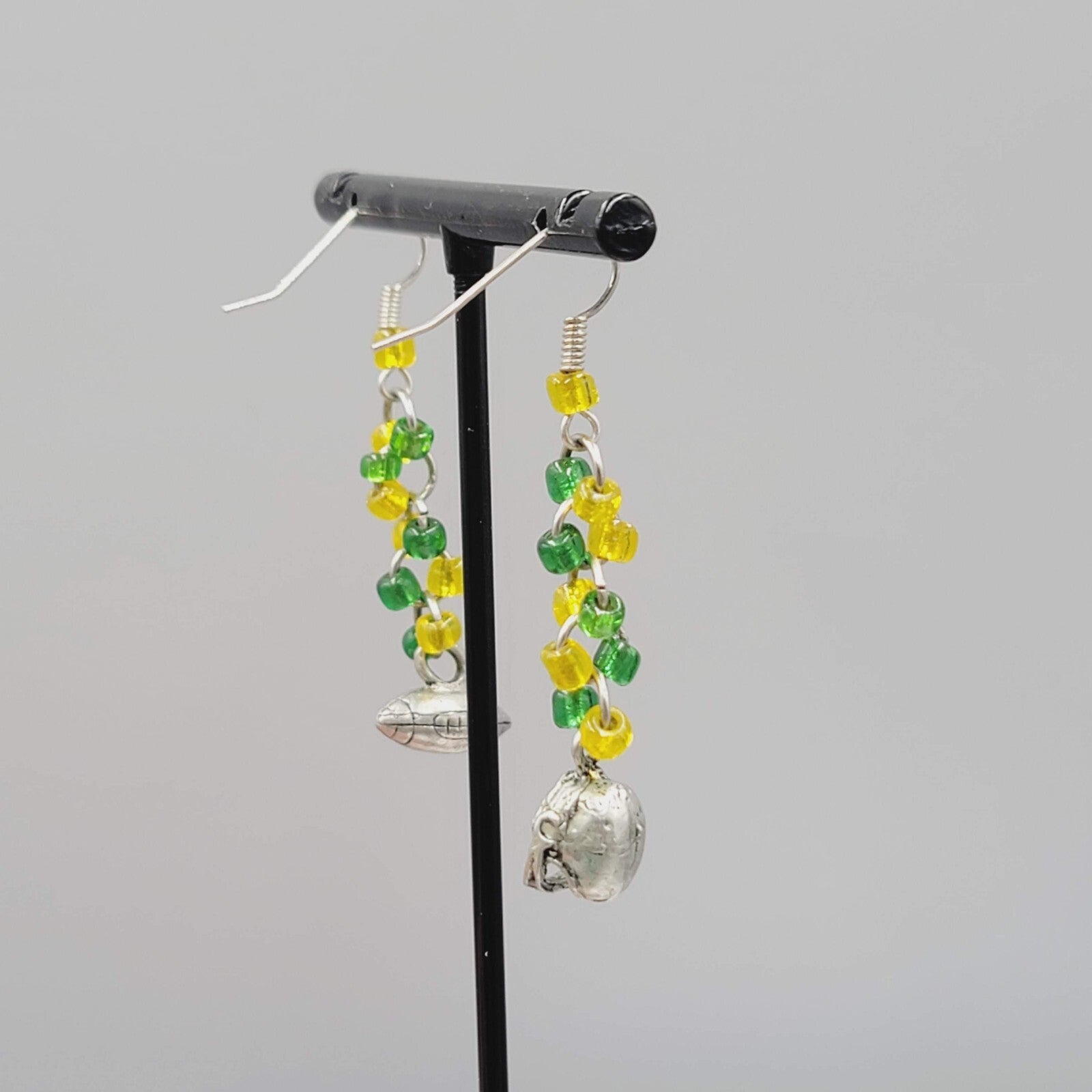 Football Charm Pierced Earrings Green Yellow Bead Dangle 1.5"