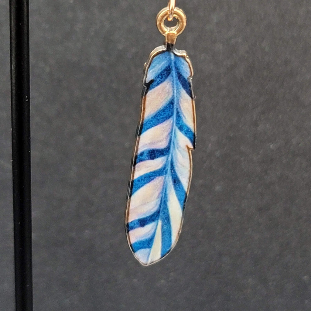 Metal Feather Pierced Earrings Blue White Striped Gold tone Dangle 1.5"